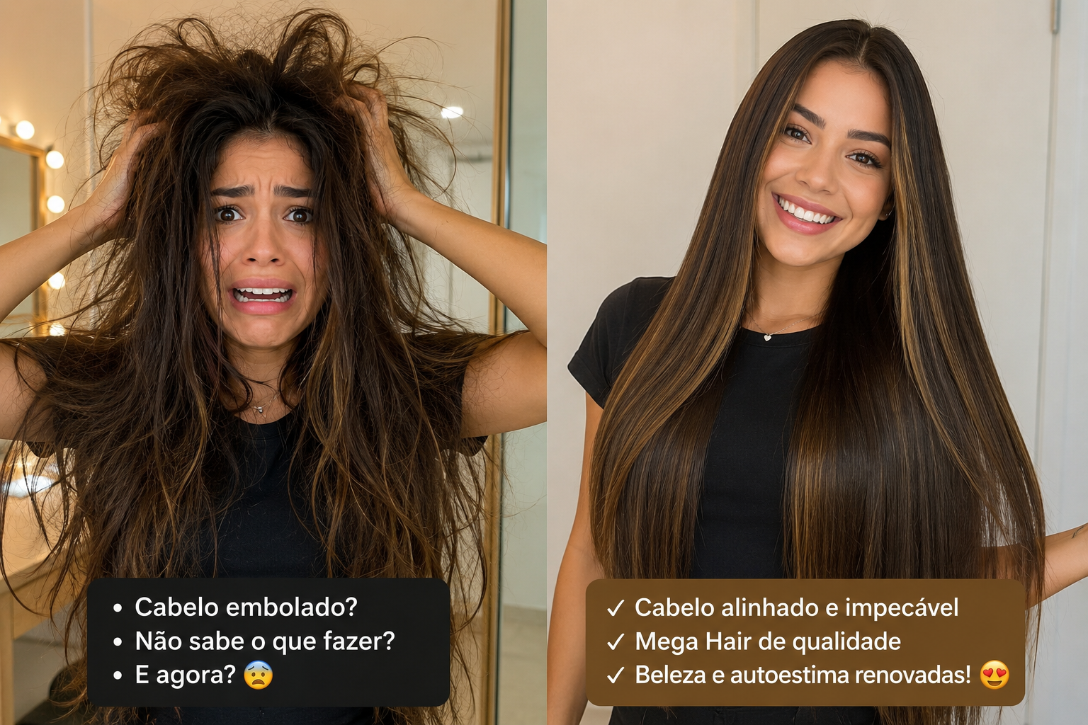 Antes e depois: fibra humanizada embolada e depois alinhada e impecável